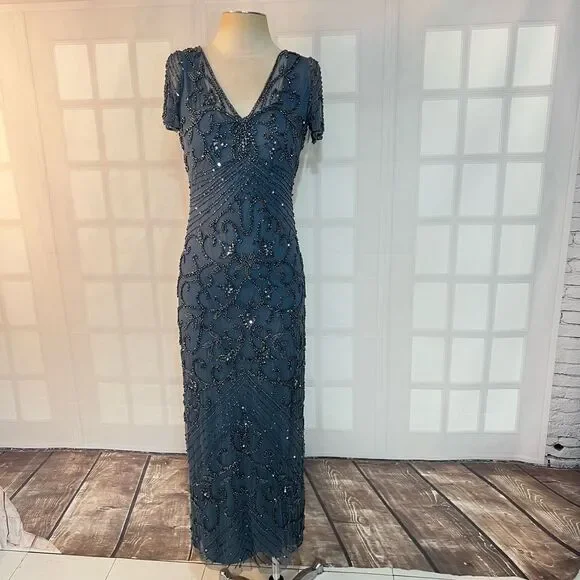 Pisarro Nights Sapphire Beaded Mesh V-Neck Short Sleeve Formal Gown Size 4 - Picture 4 of 14